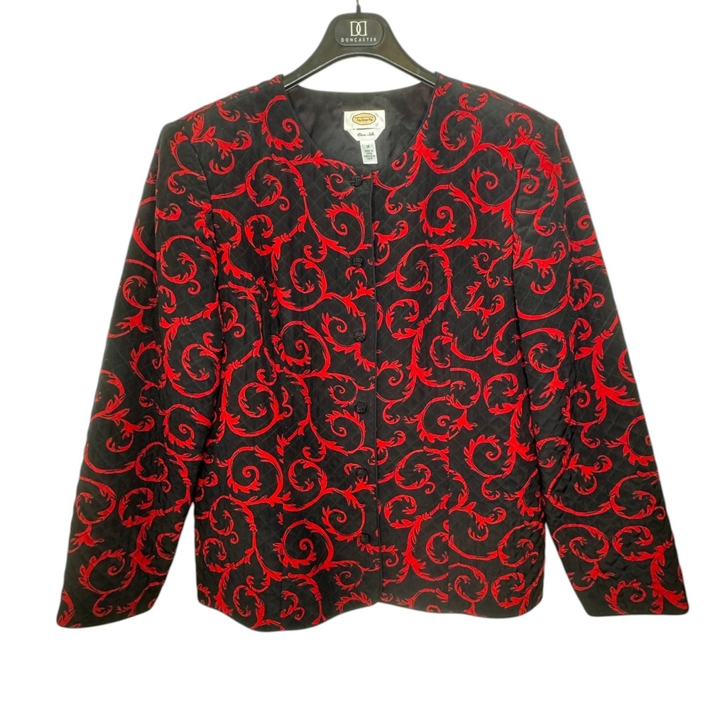 Talbots Pure Silk Quilted Jacket Womens 18 Red Black Scroll Baroque Evening Coat
